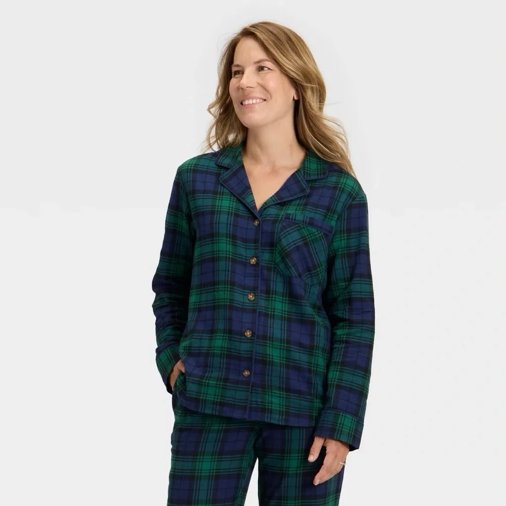 Women's nwt Plaid Flannel Long Sleeve Shirt and Pants Pajama Set - Navy Blue XXL